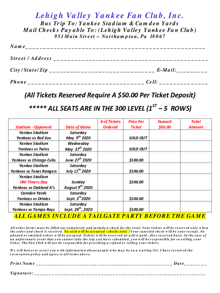 Fillable online lehigh valley yankee fan club inc bus trip road trip