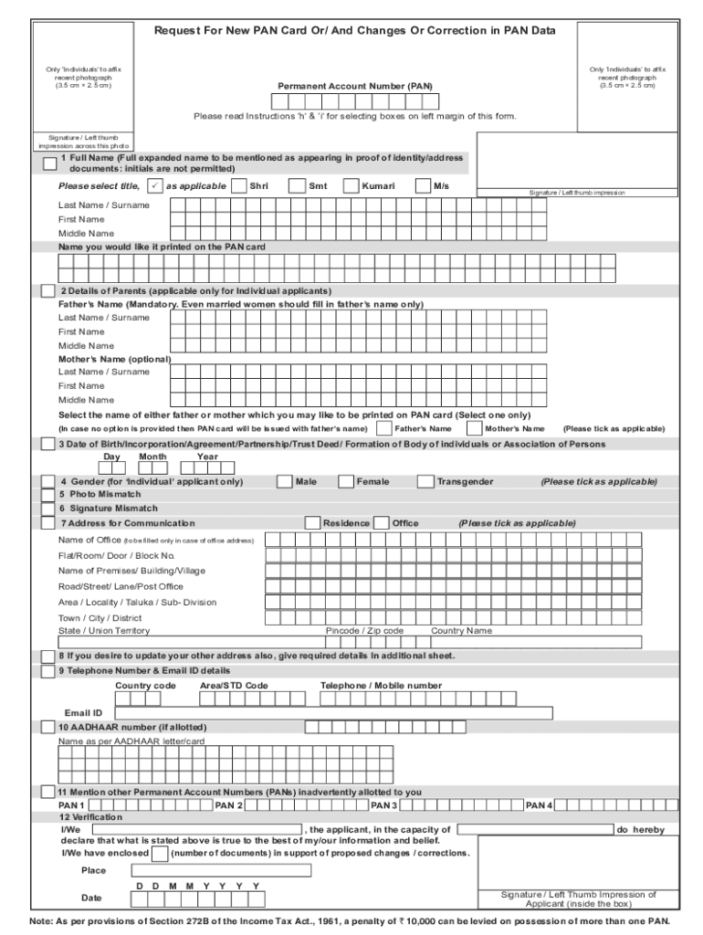 Fillable Online (PDF) Request For New PAN Card Or/ And Changes Or