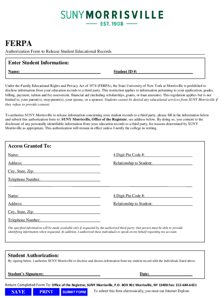 SUNY Morrisville FERPA Authorization Form to Release Student Educational Records Preview on Page 1