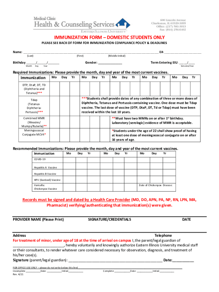 IMMUNIZATION FORM DOMESTIC STUDENTS ONLY Preview on Page 1