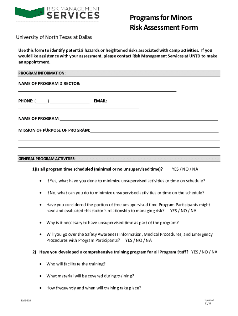 Fillable Online Programs for Minors Risk Assessment Form Fax Email ...