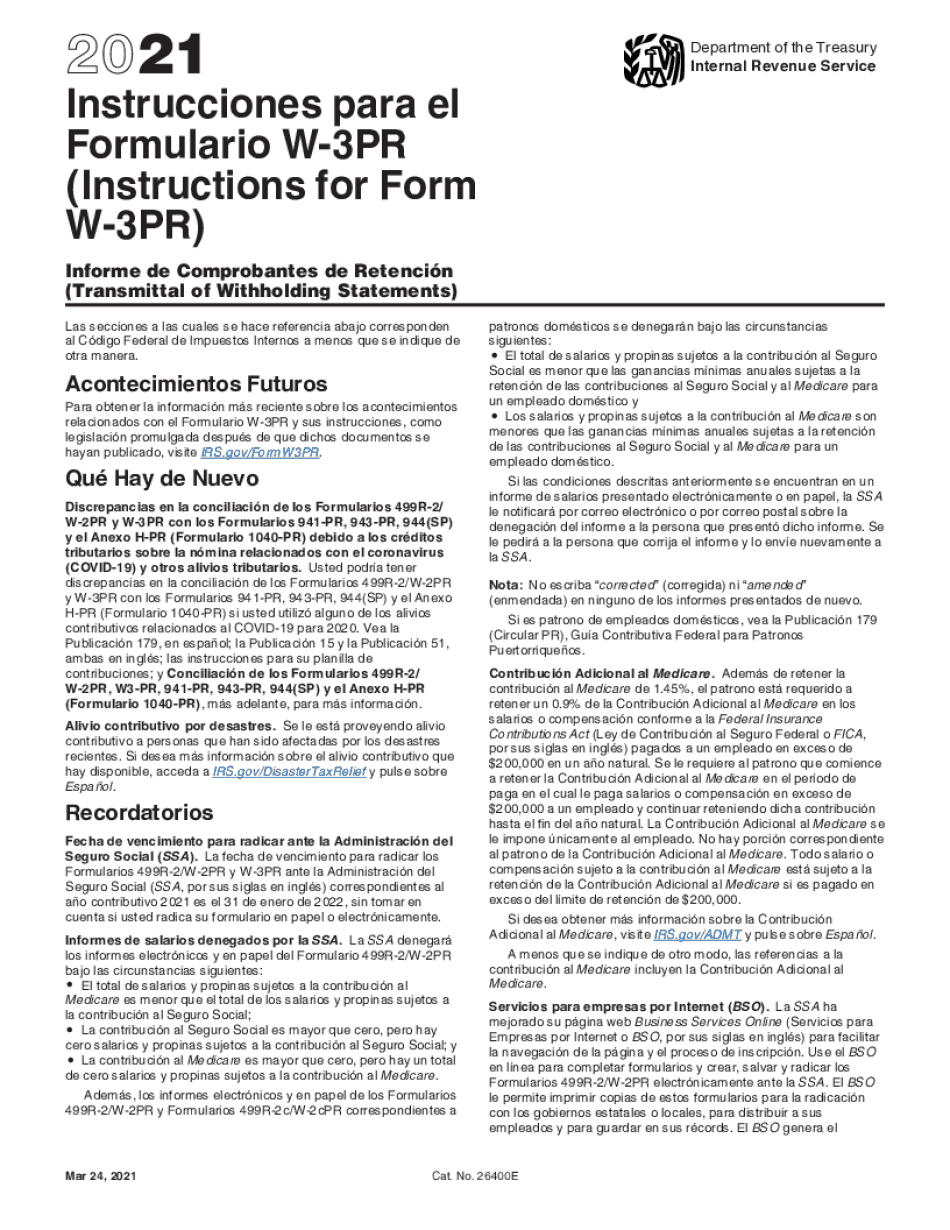 Write On Form Instructions W-3 (PR)