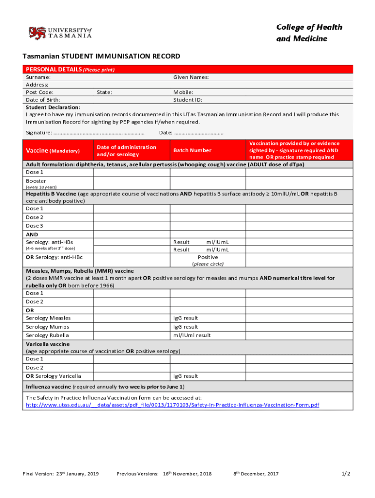 Tasmanian STUDENT IMMUNISATION RECORD Student to complete partment of HealthTasmanian STUDENT IMMUNI Preview on Page 1