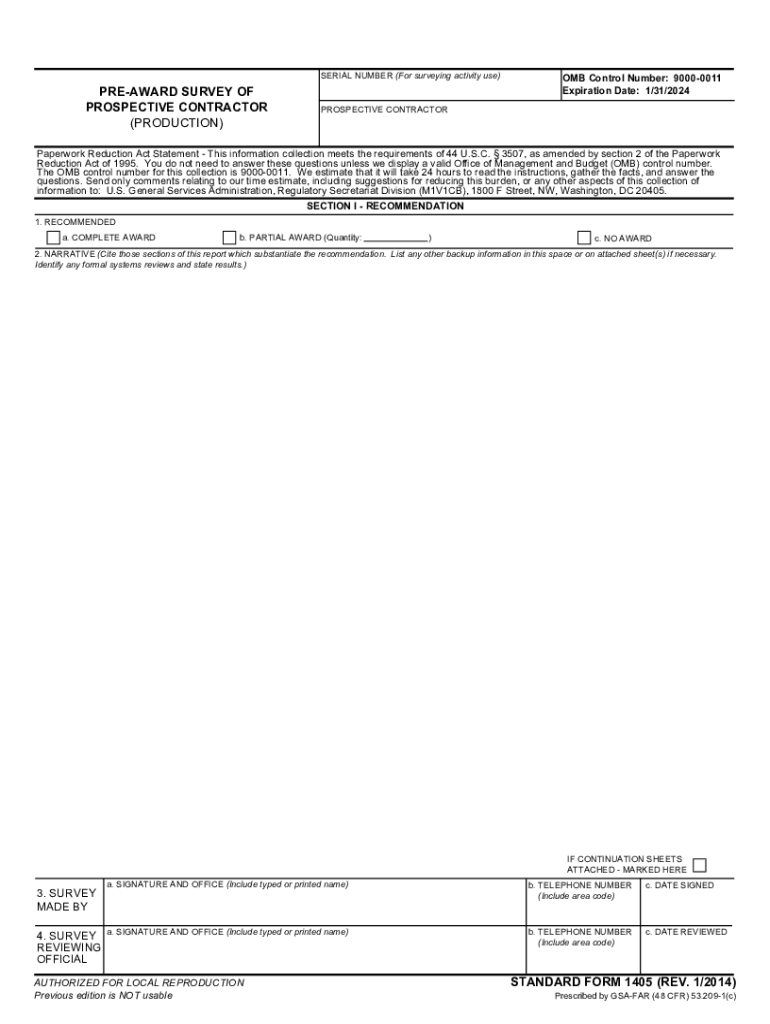 Standard Form 1405 - Pre-Award Survey of Prospective Contractor (Production) Preview on Page 1