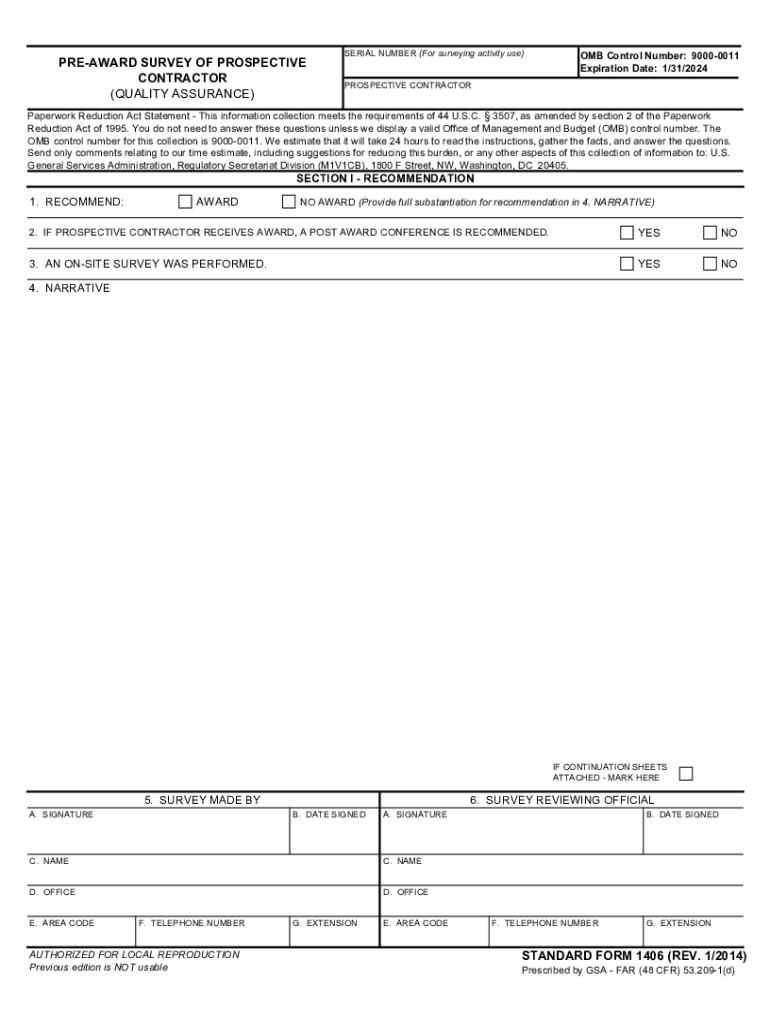 Standard Form 1406 - Pre-Award Survey of Prospective Contractor (Quality Assurance) Preview on Page 1