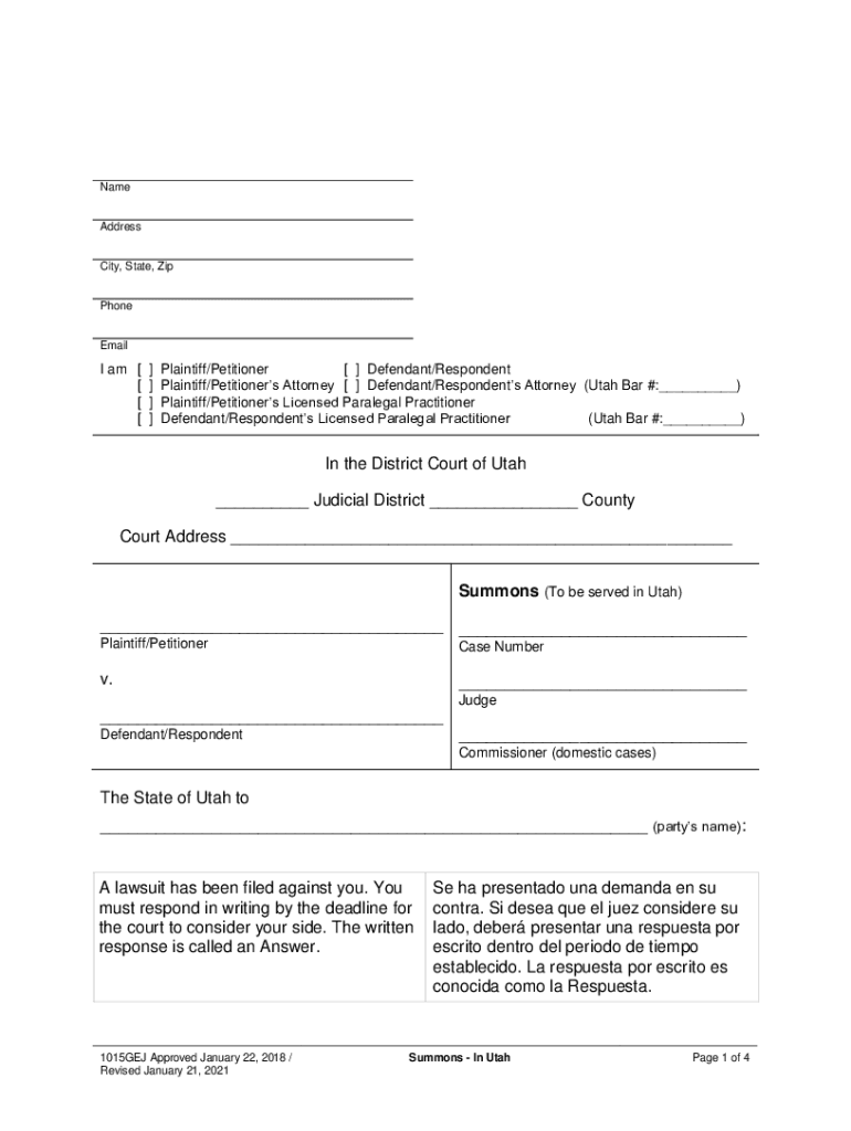 Summons (To be served in Utah)- English/Spanish. Summons (To be served in Utah)- English/Spanish Preview on Page 1