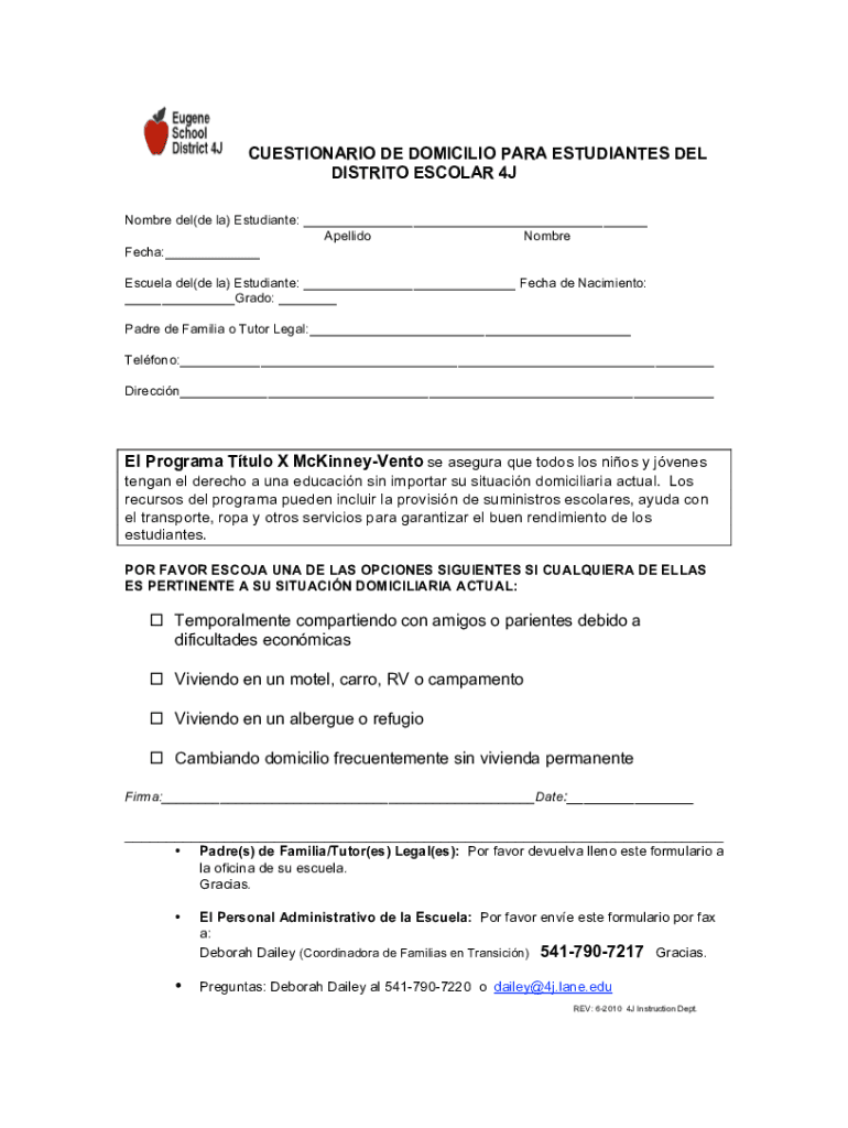 Fillable Online Distrito Escolar de Eugene 4J Inscripcin del Estudiante
