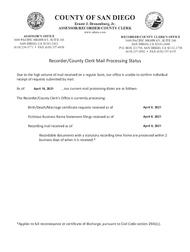 Fillable Online Ernest J. Dronenburg, Jr. County of San Diego Recorder ...