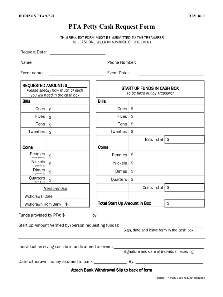 Fillable Online Horizon PTA Cash Box request form Fax Email Print