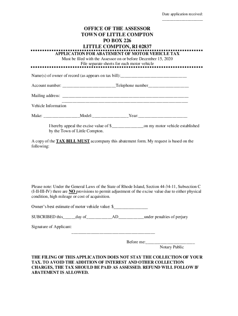 Fillable Online OFFICE OF THE ASSESSOR TOWN OF LITTLE COMPTON PO BOX