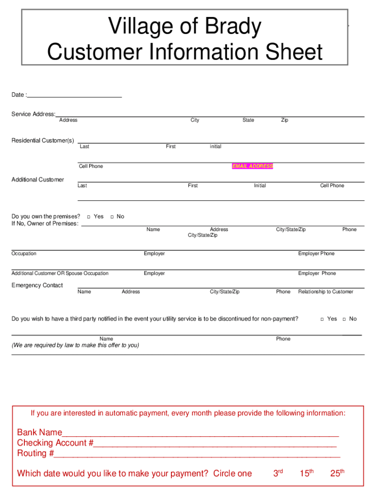 Fillable Online VILLAGE OF BRADY CUSTOMER INFORMATION SHEET Village of