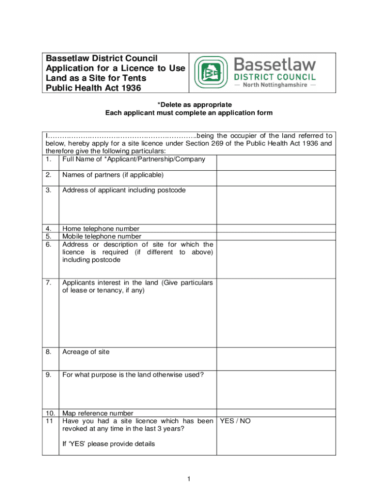 Fillable Online Bassetlaw District Council Application for a Licence to