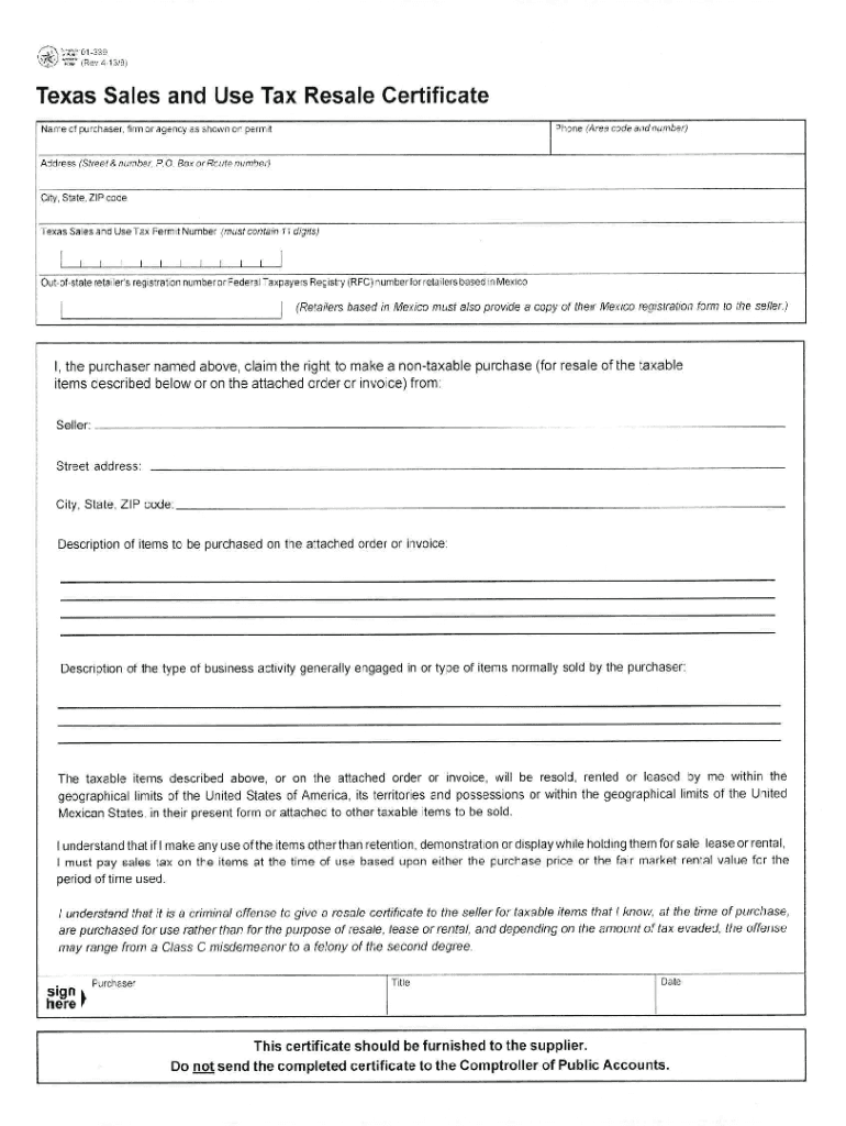 Fillable Online TEXAS SALES AND USE TAX RESALE CERTIFICATETexas Sales ...