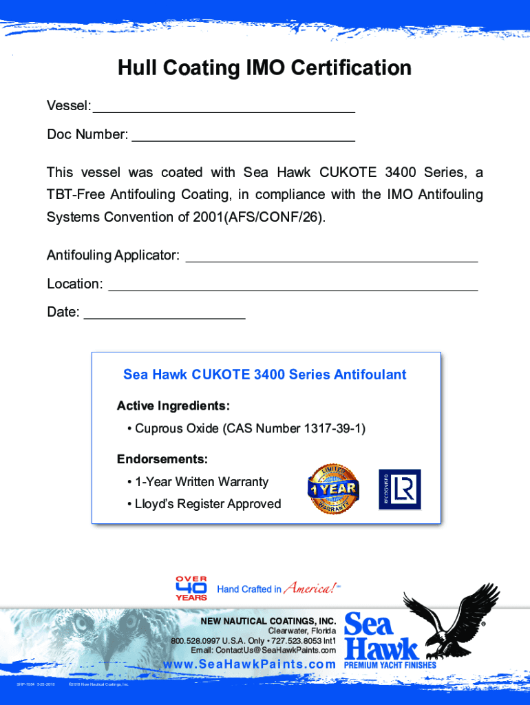 Fillable Online This vessel was coated with Sea Hawk CUKOTE 3400 Series