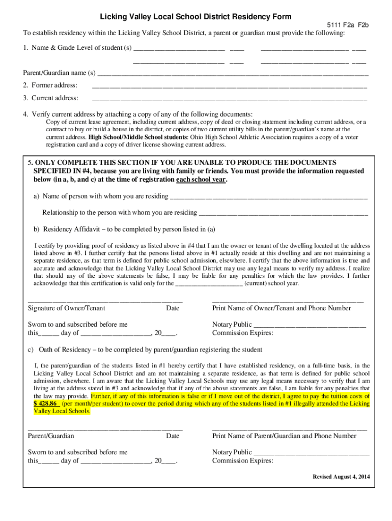 Fillable Online Licking Valley Local School District Residency Form Fax