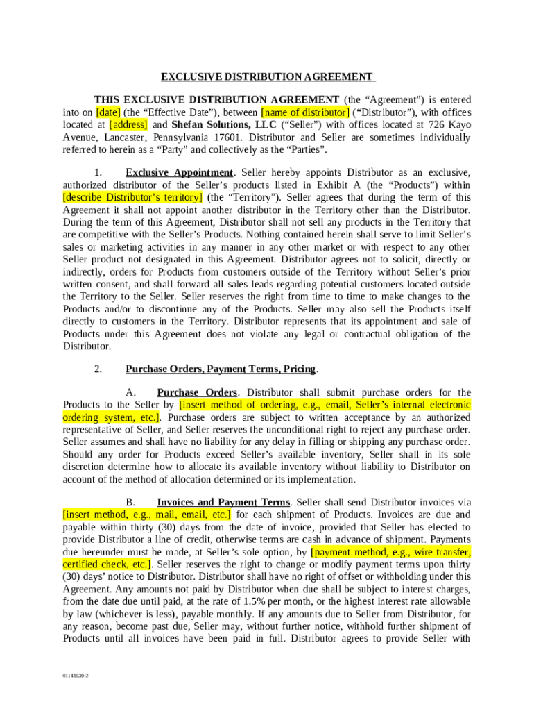 EXCLUSIVE DISTRIBUTION AGREEMENT SEC Doc Template pdfFiller