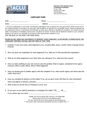 Fillable Online COMPLAINT FORM - ACLU of Montana Fax Email Print ...