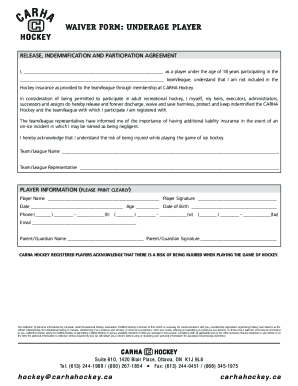 Fillable Online WAIVER FORM UNDERAGE PLAYER - CARHA Hockey ...