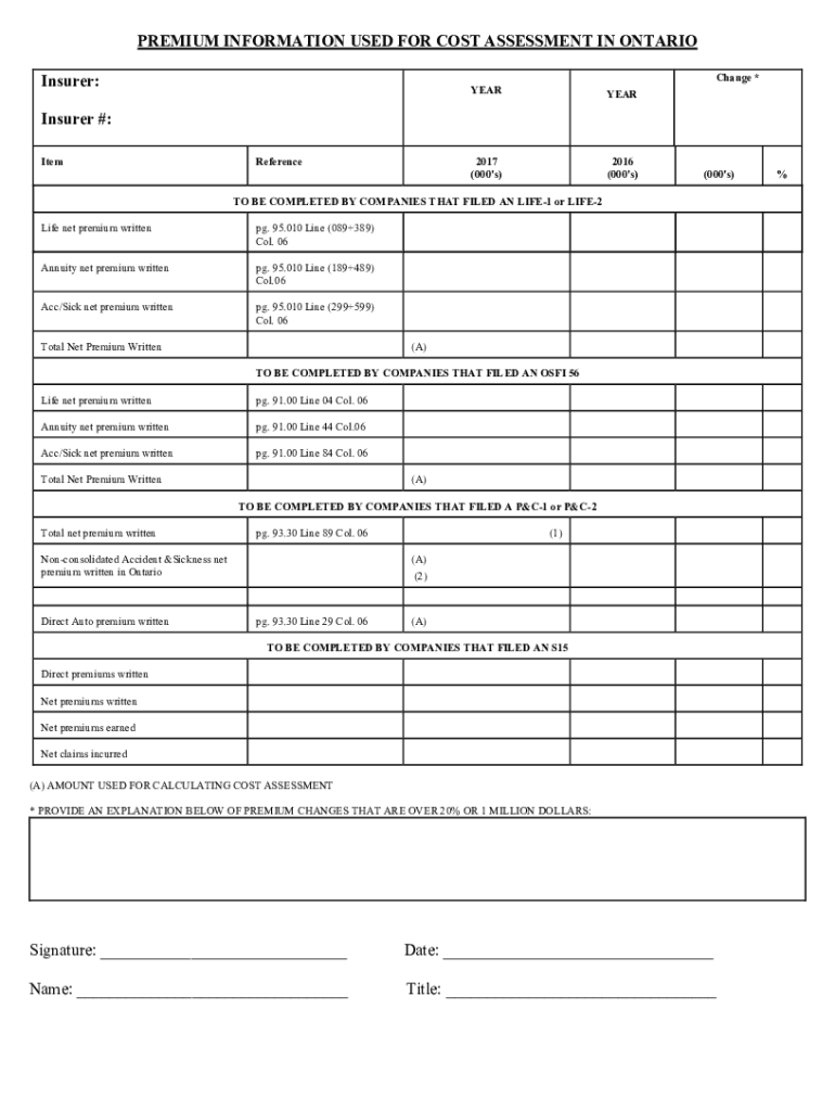 Fillable Online Premium information used for cost assessment in Ontario