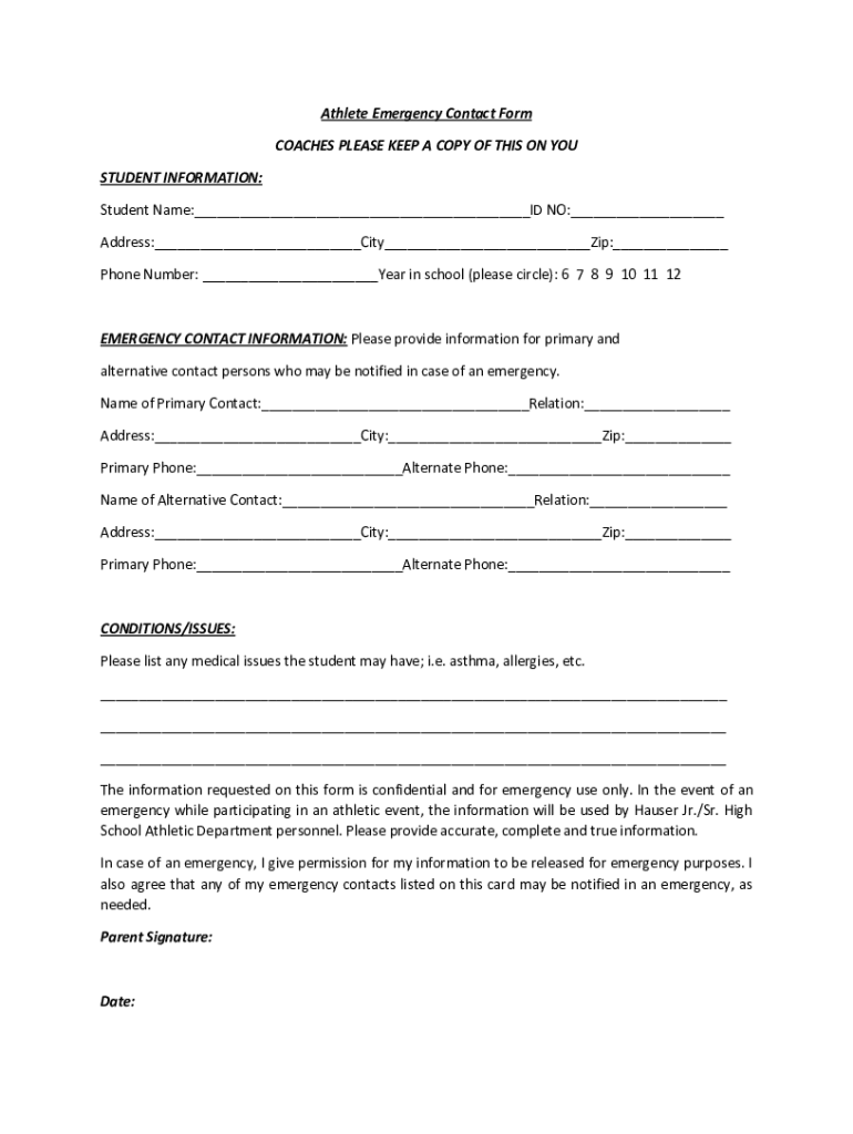 Fillable Online Athlete Emergency Contact Form COACHES PLEASE KEEP A