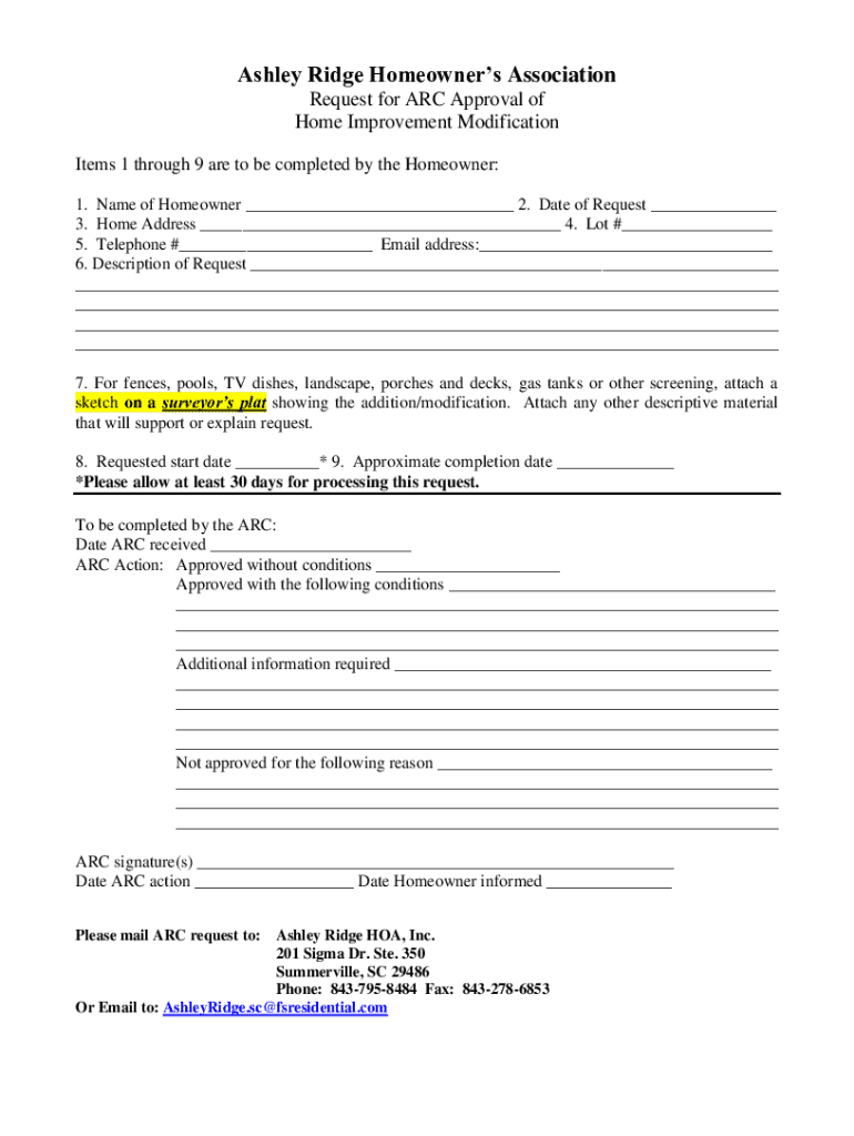 Fillable Online Ashley Ridge Homeowners Association Request for ARC ...