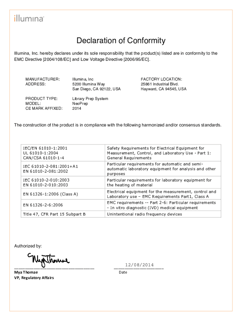 Fillable Online Infinium RoMA CE Declaration of Conformity - Illumina ...