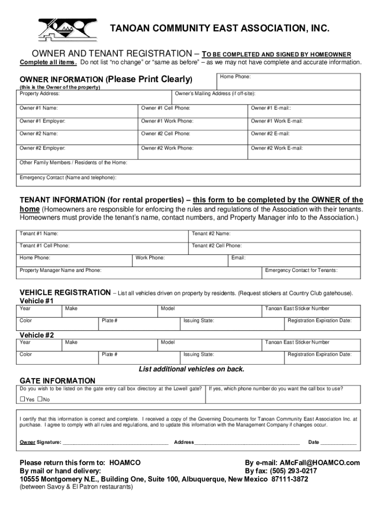 Fillable Online TANOAN COMMUNITY EAST ASSOCIATION, INC. Fax Email Print