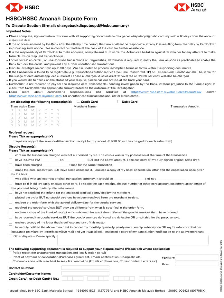 20202024 MY HSBC/HSBC Amanah Dispute Form Fill Online, Printable