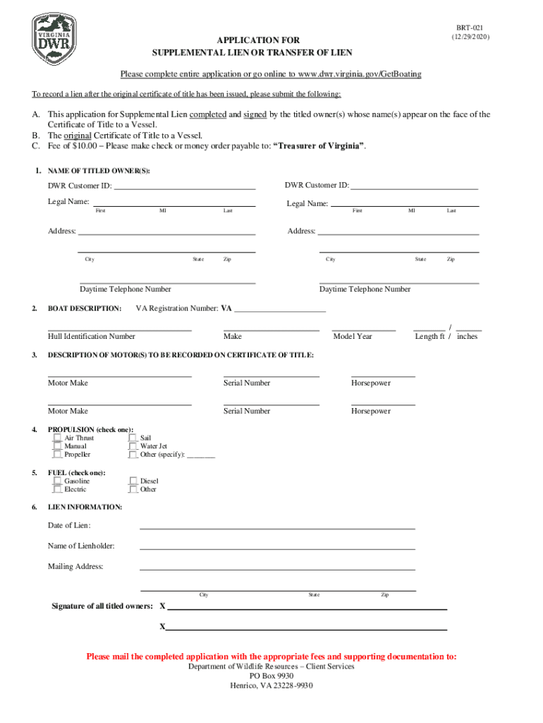 Application for Supplemental Lien or Transfer of Lien Preview on Page 1