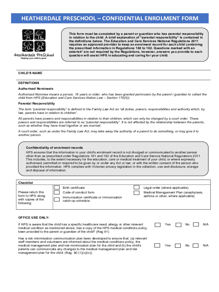 Fillable Online Heatherdale PreschoolEnrolling a Child in School When