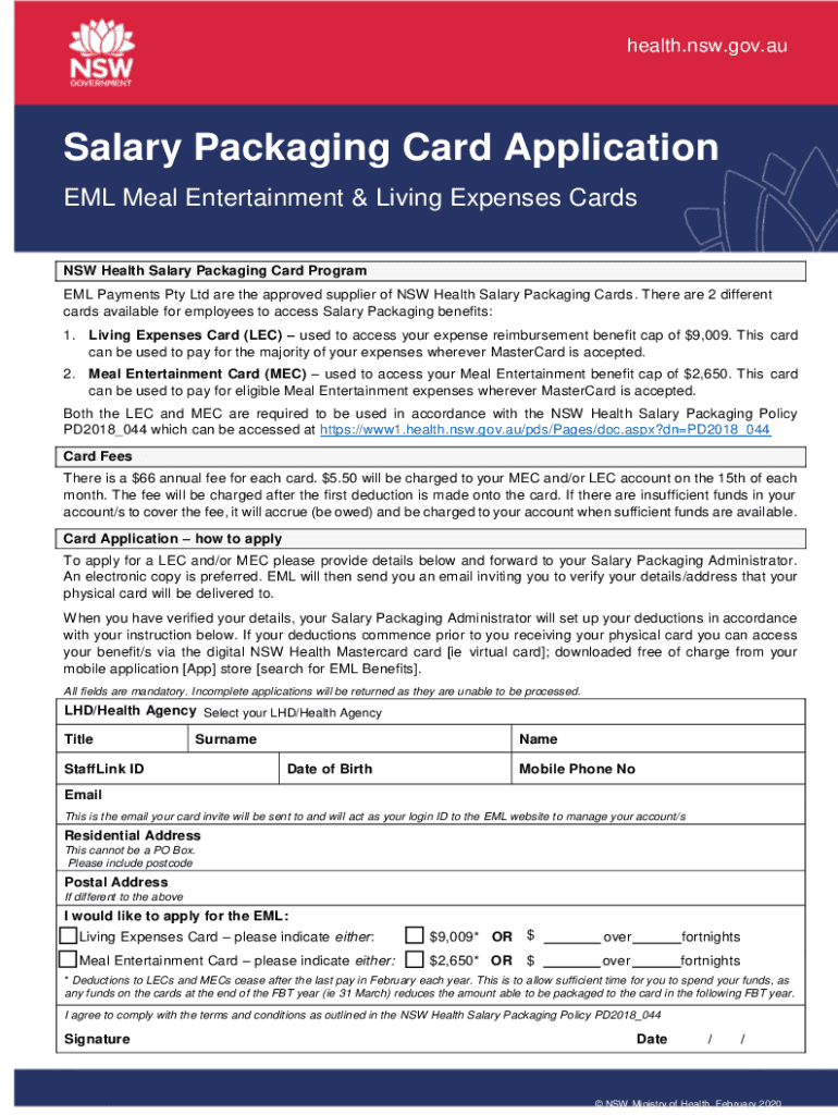 Fillable Online Salary Packaging Card Application Healthshare nsw gov