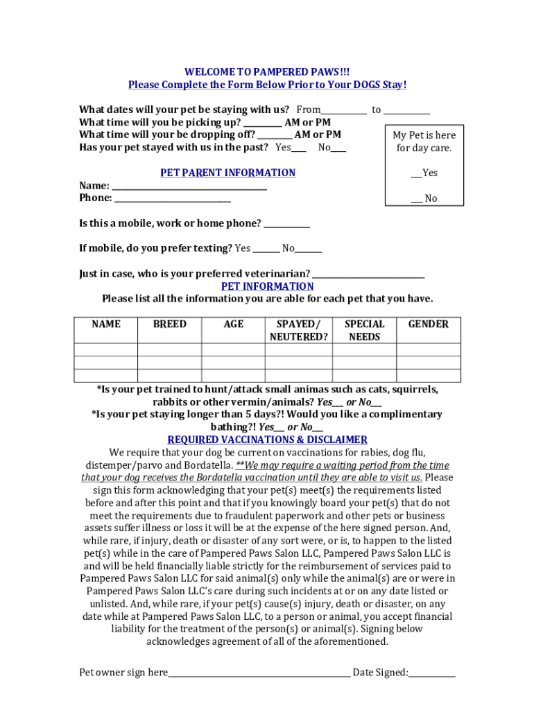 Fillable Online Dog boarding form.docx Fax Email Print - pdfFiller