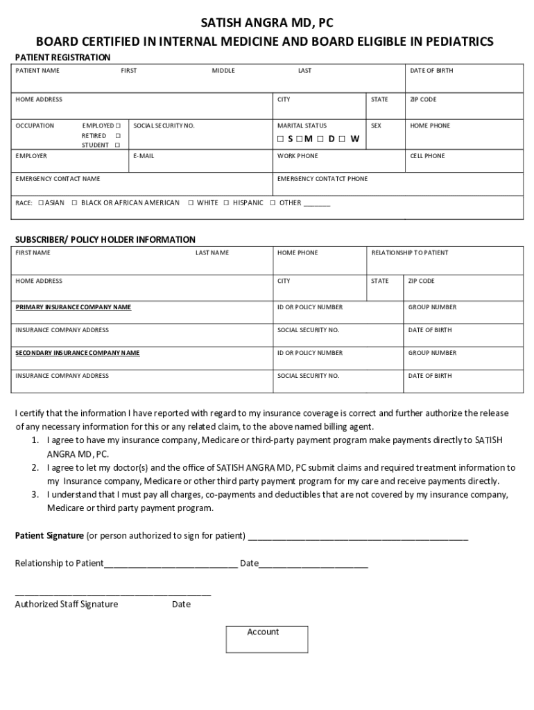 Fillable Online SATISH ANGRA MD, PC BOARD CERTIFIED IN INTERNAL