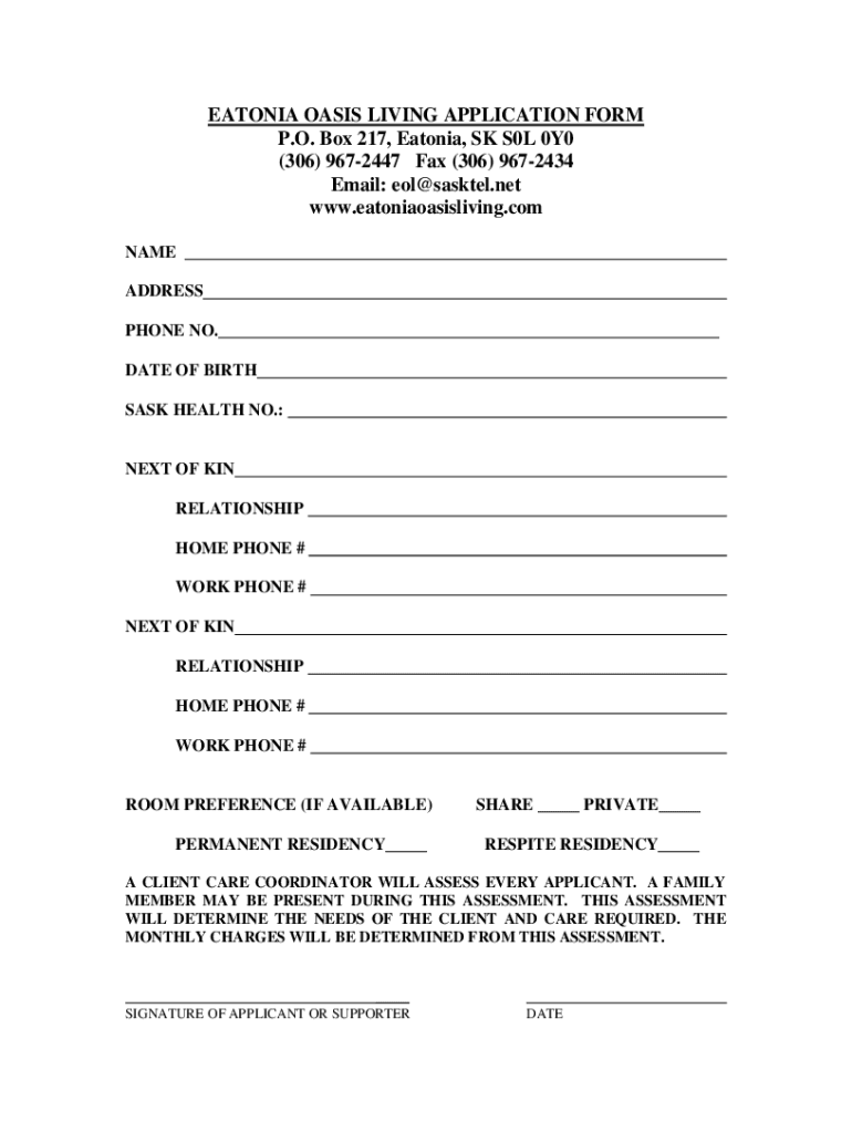 Fillable Online EATONIA OASIS LIVING APPLICATION FORM Fax Email Print