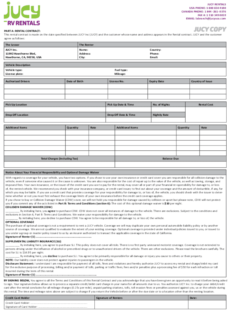 Fillable Online JUCY RENTALS USA PHONE 1 800 650 4180 CANADA PHONE 1