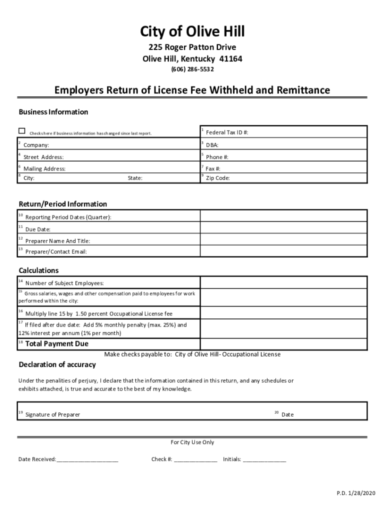 Fillable Online olivehill ky City Of Olive Hill Utility Department 225