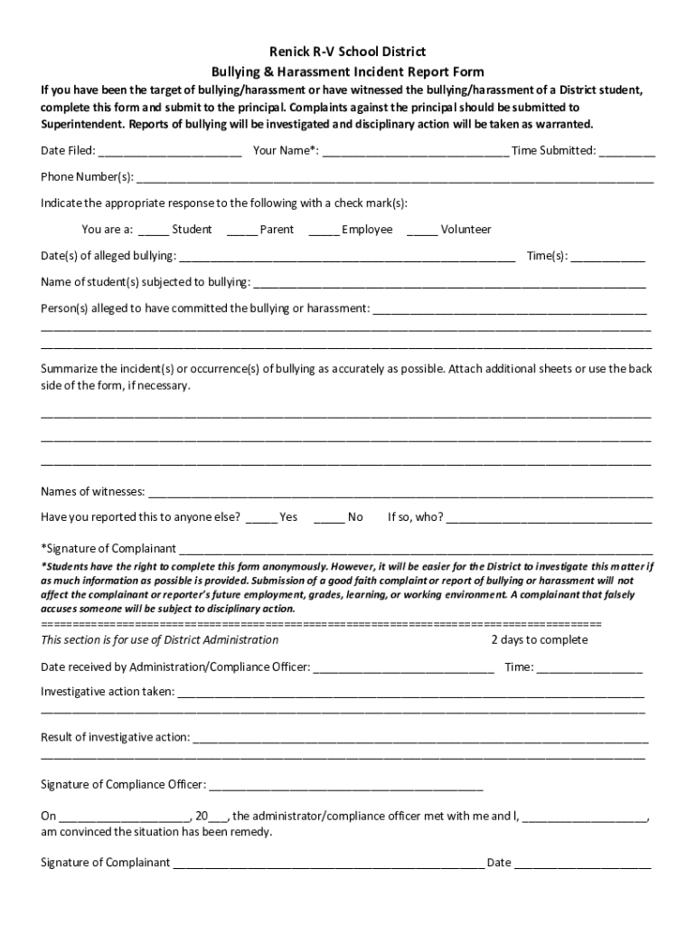 Fillable Online Renick RV School District Bullying & Harassment