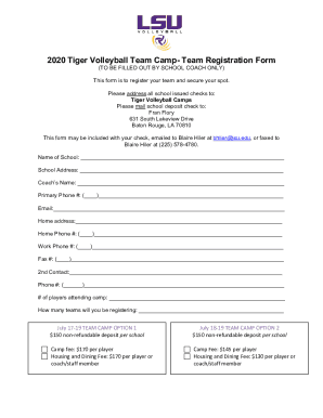 2020 Tiger Volleyball Team Camp- Team Registration Form