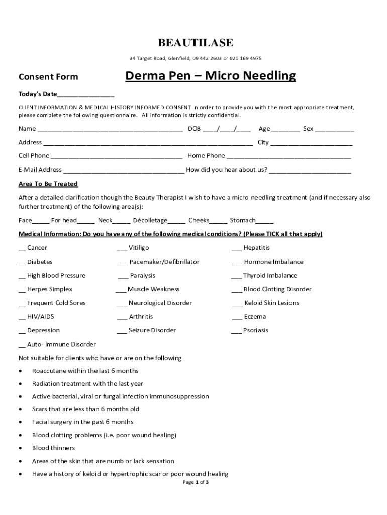 Fillable Online Consent Form Derma Pen Micro Needling Fax Email Print ...