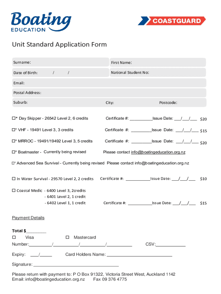 Fillable Online Unit Standard Application Form