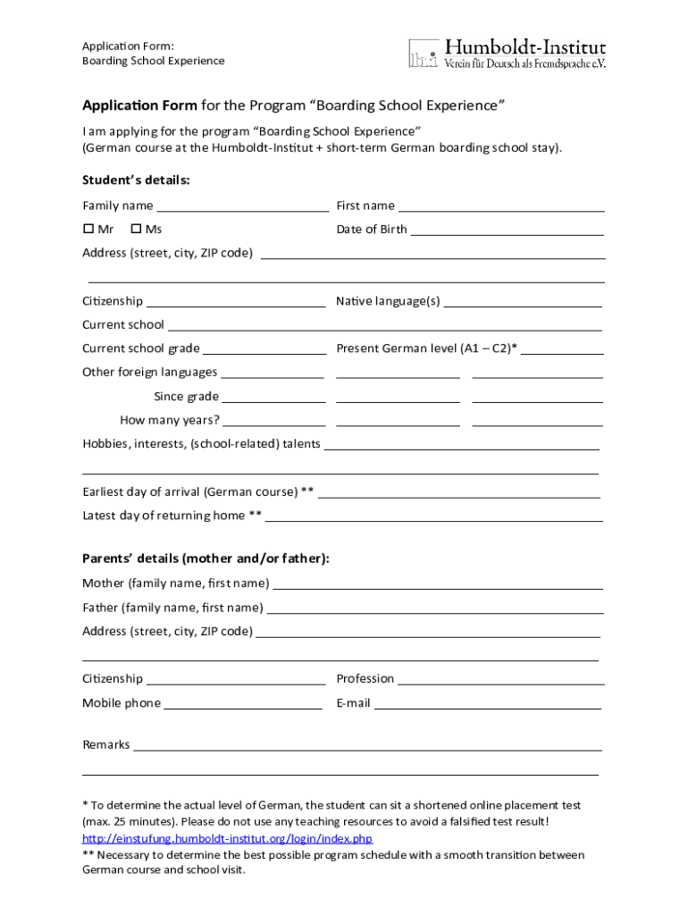 Fillable Online Application Form for the Program Boarding School
