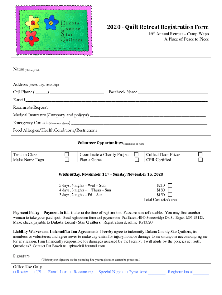 2020 - Quilt Retreat Registration Form Preview on Page 1