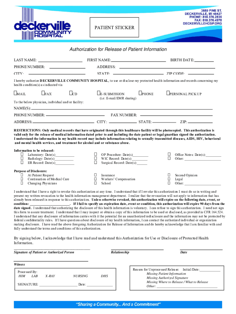 Fillable Online I hereby authorize DECKERVILLE COMMUNITY HOSPITAL, to