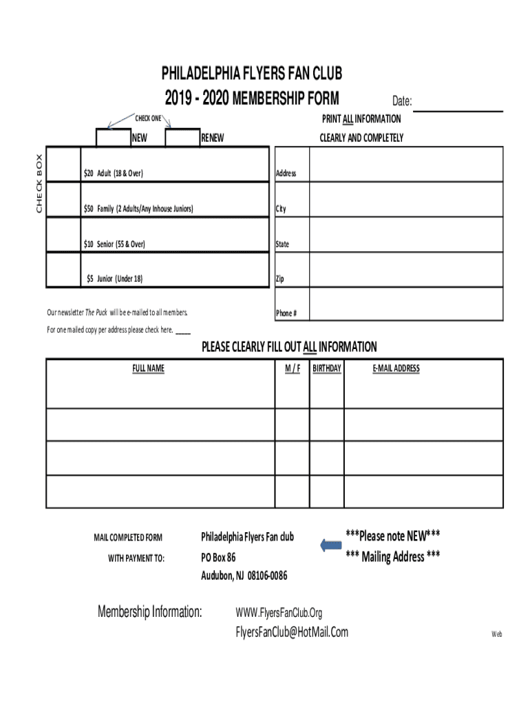 Fillable Online 2020 MEMBERSHIP FORM Philadelphia Flyers Fan Club Fax