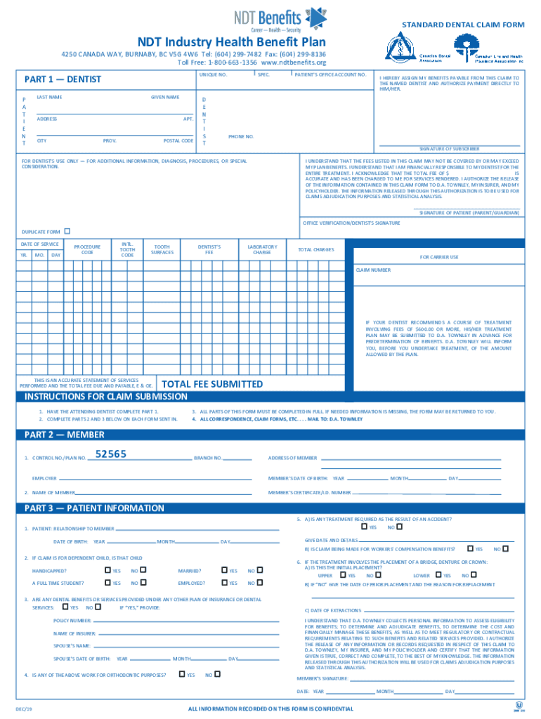 Fillable Online STANDARD DENTAL CLAIM FORM NDT Industry