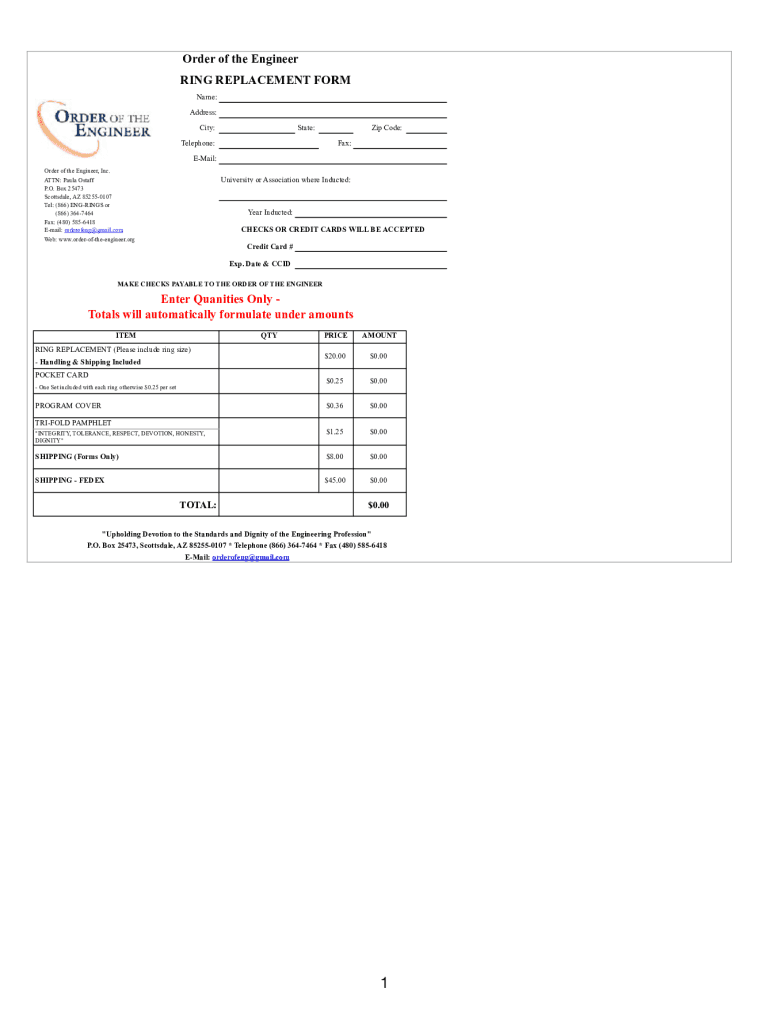 Fillable Online Order of Eng Ring Replacement Form (CC Pay) (81918