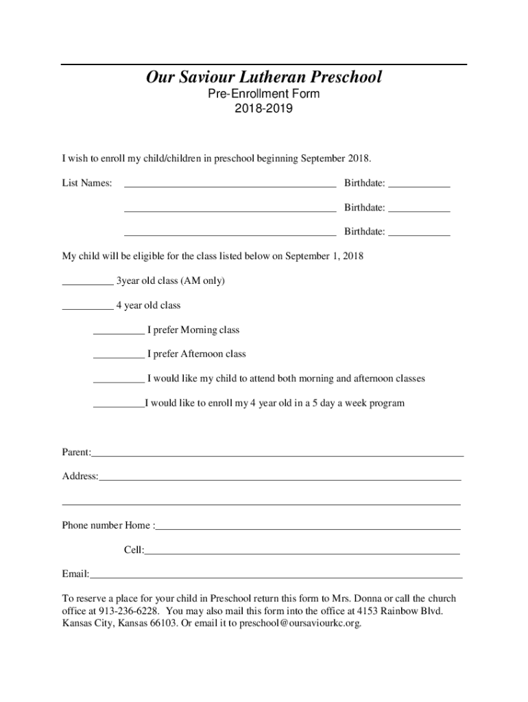 Fillable Online I wish to enroll my child/children in preschool