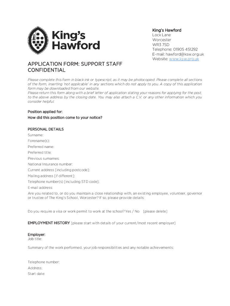 Fillable Online Teaching Staff at King's HawfordAboutKing's Hawford Fax