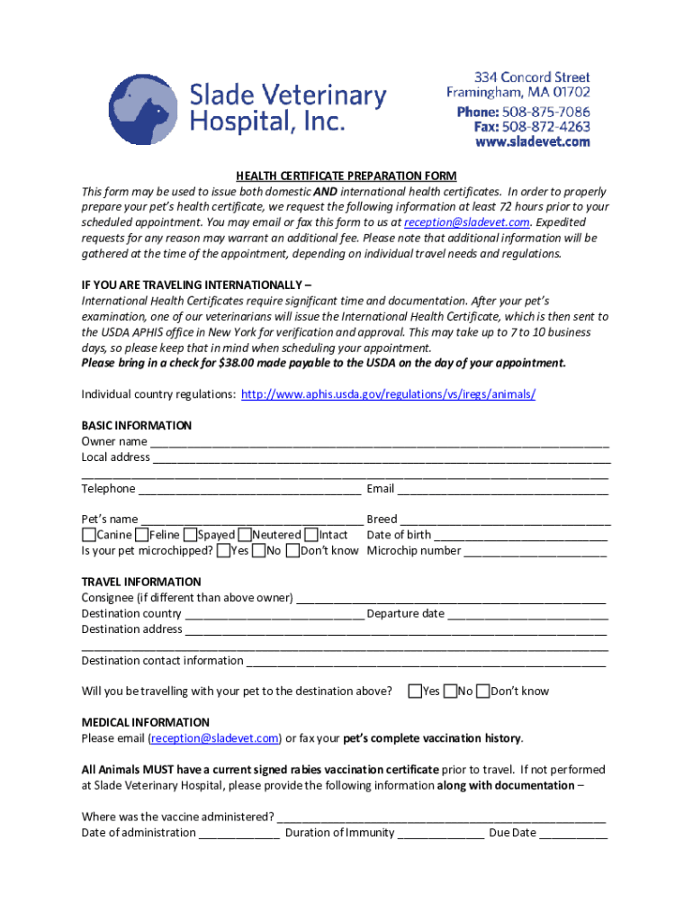 Fillable Online Slade Veterinary Hospital Health Certificate