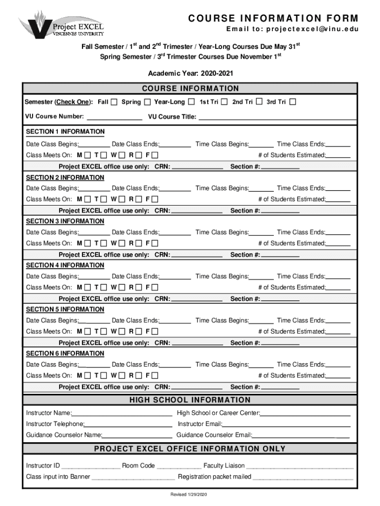 Fillable Online Fall Semester / 1st and 2nd Trimester / Year-Long ...
